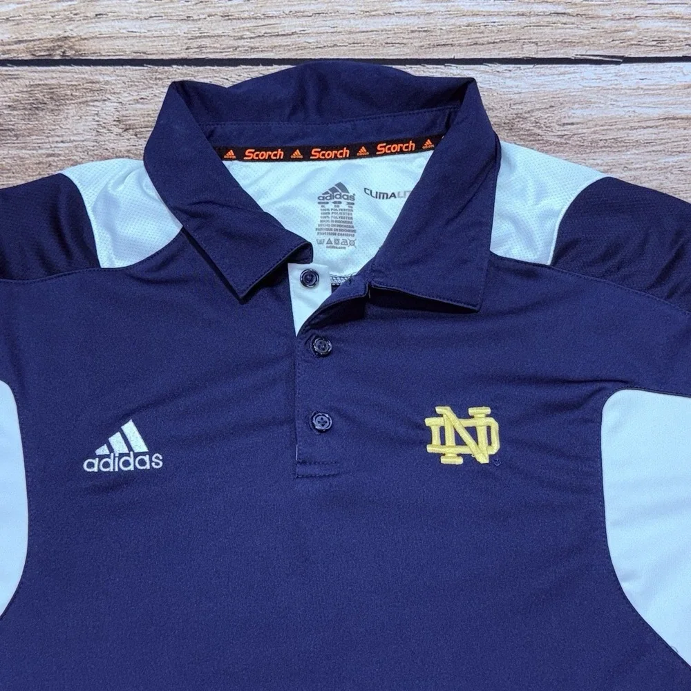 adidas Notre Dame Polo Shirt Mens XL Blue Scorch Climalite Golf Stretch 3 Stripe